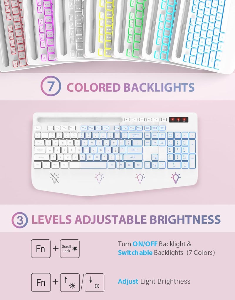 Trueque Wireless Keyboard with 7 Colored Backlits, Phone Holder, Wrist Rest, Rechargeable Ergonomic Keyboard with Silent Light Up Keys, Cordless Computer Keyboard for Windows, Mac, Laptop - (White) - Image 2